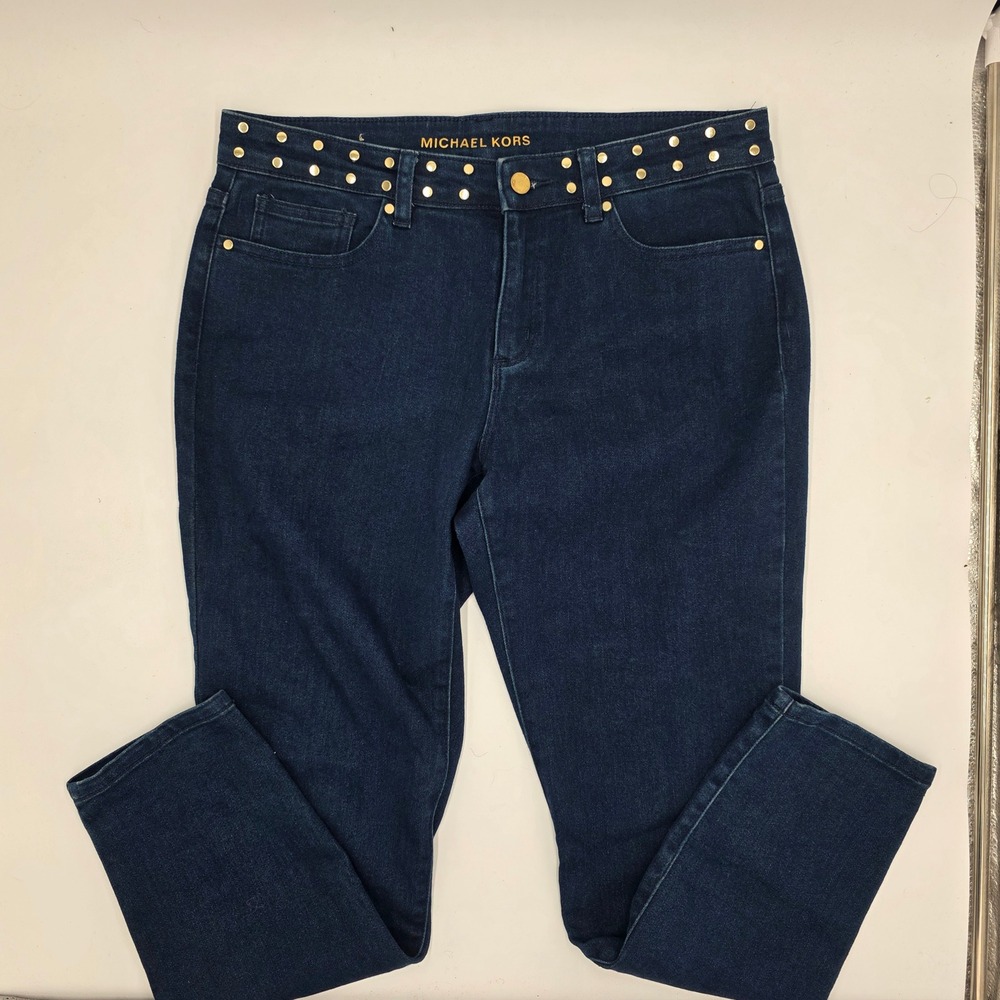 Michael Kors Izzy Skinny Jeans Womens 10 Blue Indigo Gold Studded Waistband